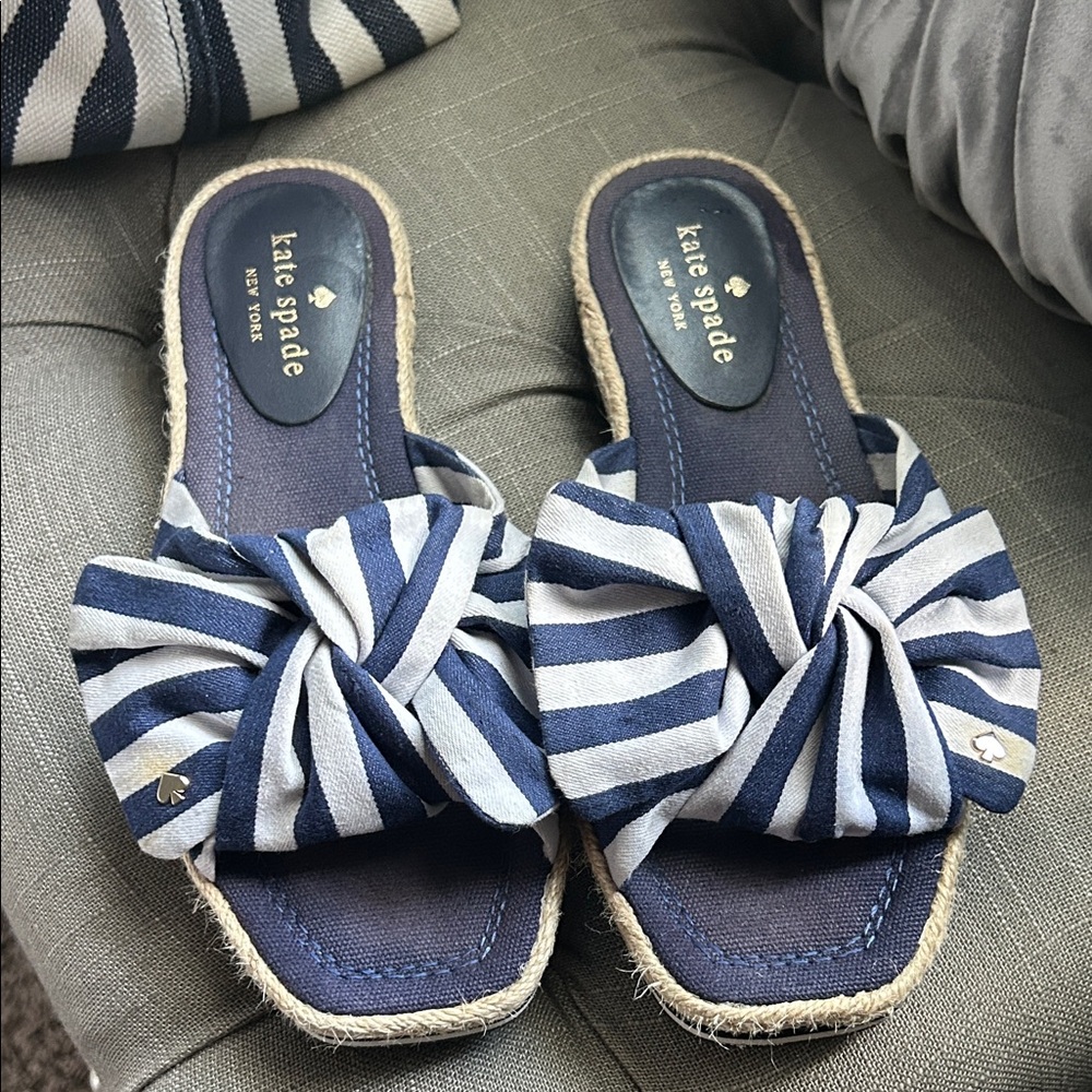Kate Spade Blue and White Espadrille Slides with Nautical Bow